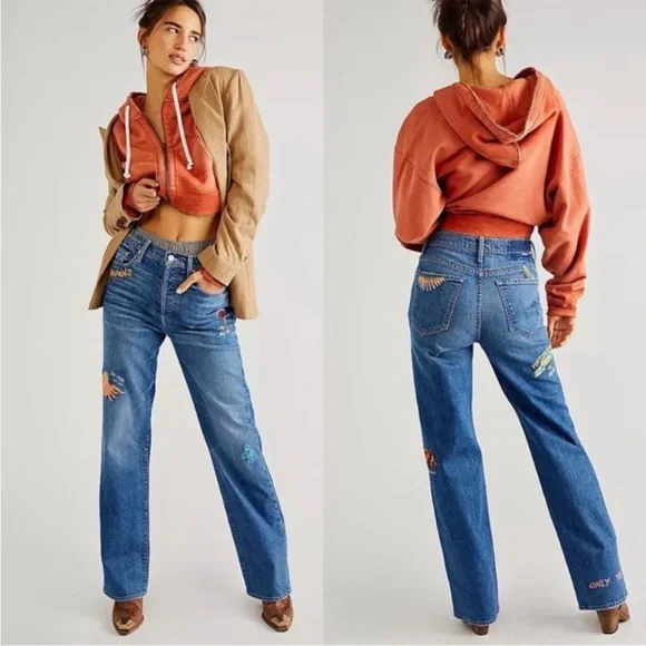 NWT MOTHER The Rambler Sneak Embroidered Straight Leg Jeans Bohemian Boho 24